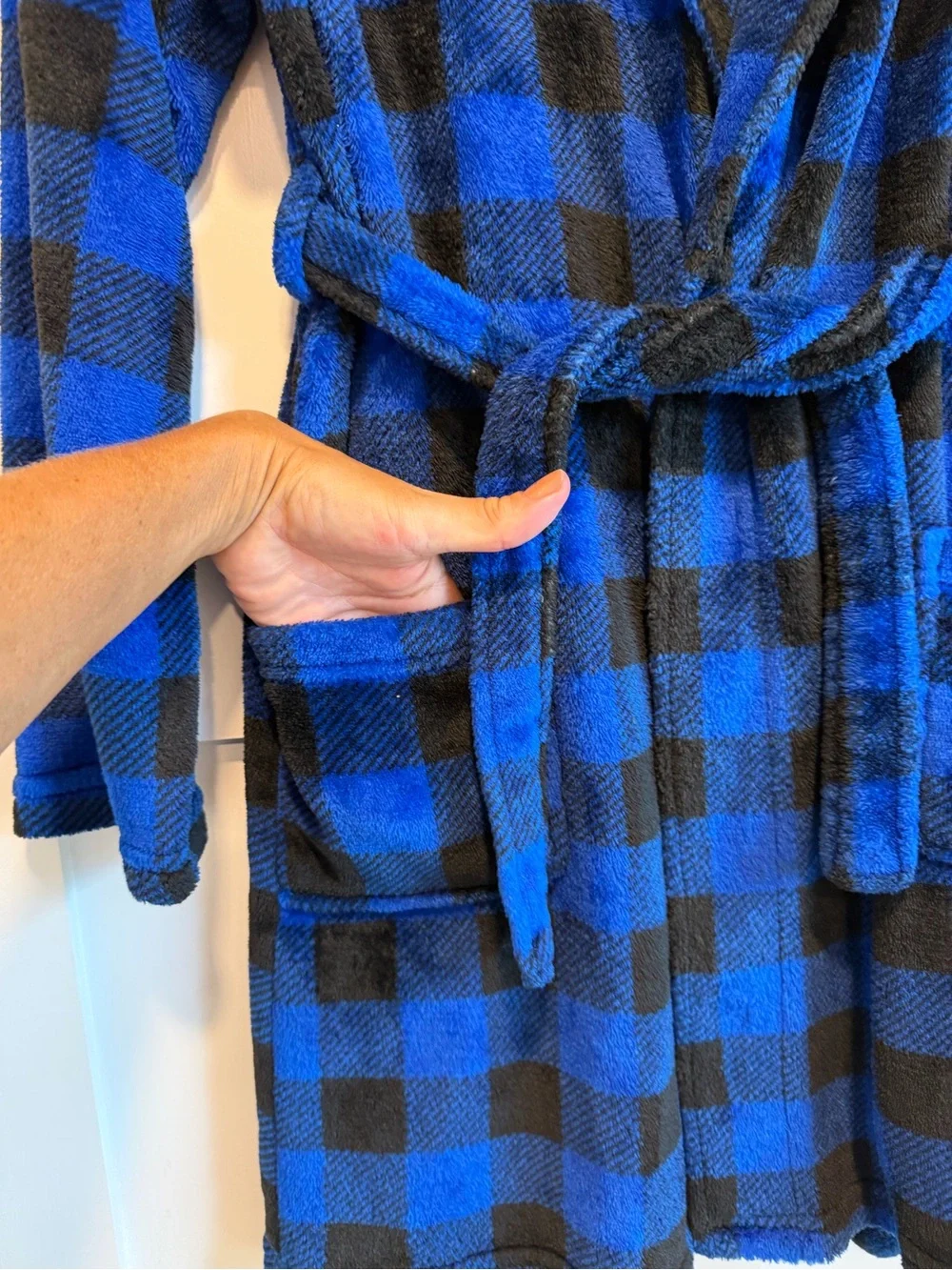 Kids Blue & Black Buffalo Plaid Fleece Robe with Belt